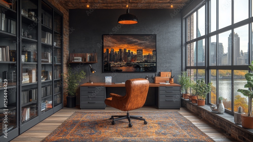 Aufkleber a sophisticated home office with cityscape art and expansive views: a blend of modern design and nat