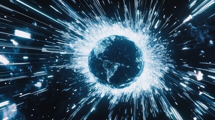 Obraz premium Explosive Energy Burst Surrounding a Digital Earth Globe Visual