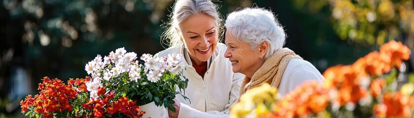 A joyful moment shared between two women as they admire colorful flowers, highlighting the beauty of companionship and nature.