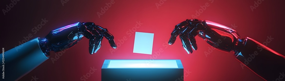 Poster futuristic robotic hands placing a digital cube into a glowing box, emphasizing the intersection of 