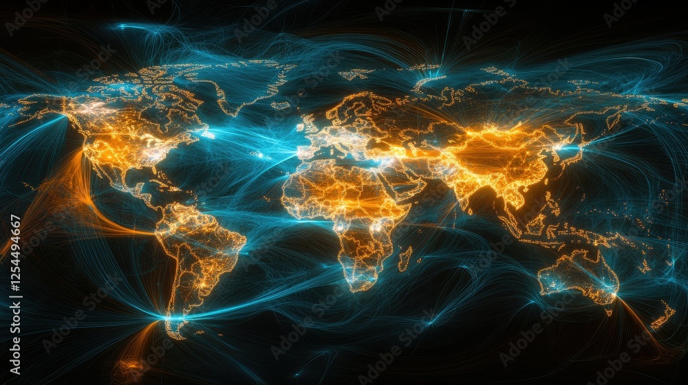 Poster illuminated global map with dynamic light trails and vivid colors