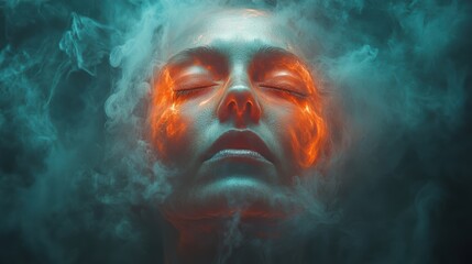 Mystical Vapor: A woman's face emerges from a swirling vortex of ethereal smoke,  her skin illuminated by an otherworldly orange glow.  The enigmatic and haunting image evokes feelings of mystery.