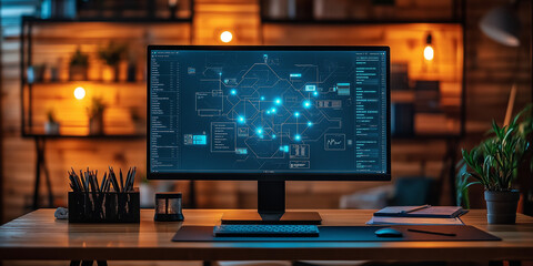 Data visualization insights home office digital display modern workspace elevated angle technology and productivity analysis