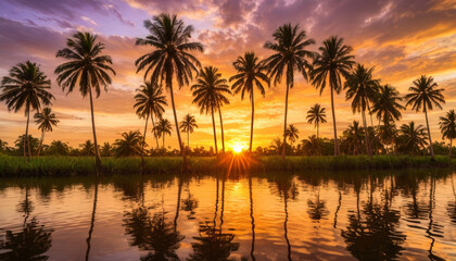 Obraz premium Sunset Over Calm Waters With Palm Trees Reflecting in Serene Landscape