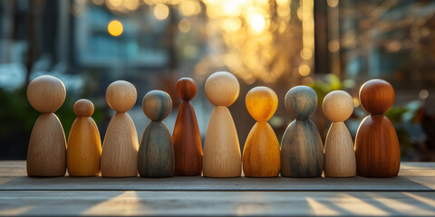 Wooden figures displaying diversity urban setting artistic photography sunset glow close-up view community and inclusion concept