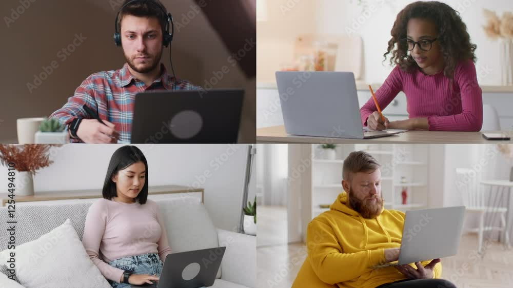 Poster four young adults focus on their laptops while participating in remote work or online learning. each