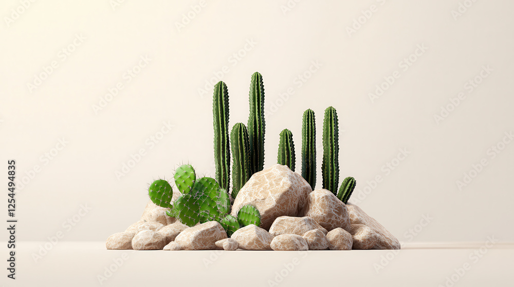 Poster group of realistic cacti with dark green smooth surfaces surrounded by rocks creates serene desert l