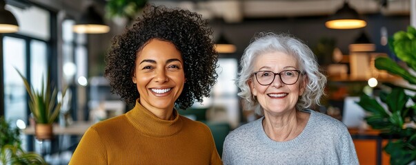 A warm, friendly image of two women smiling together in a cozy, plant-filled cafe setting, showcasing a generational bond.