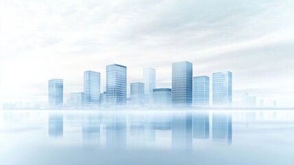 Tranquil Reflection of a Modern City Skyline in Calm Blue Waters Under Cloudy Sky