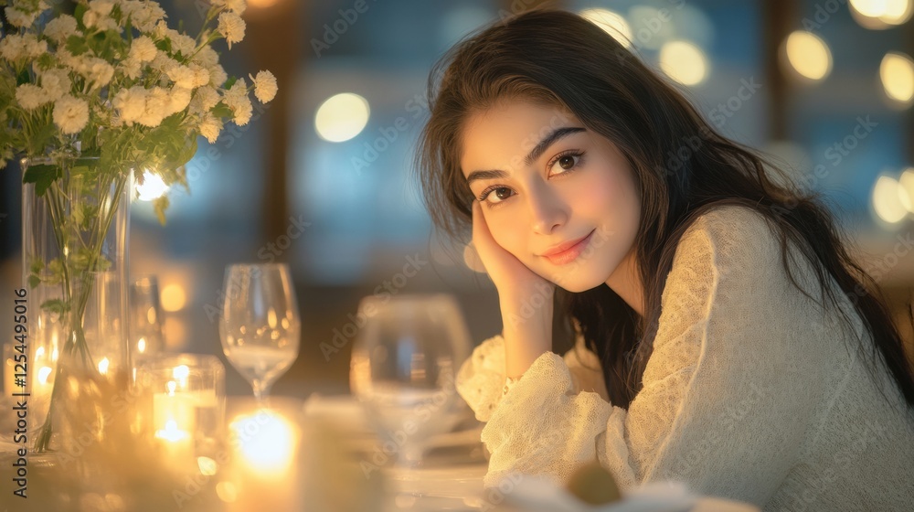 Poster elegant festive dining table setting with glowing candles and flowers during a special evening gathe