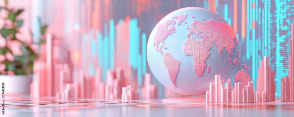 Poster a stylized globe with a digital overlay sits in front of colorful data visuals, symbolizing global f