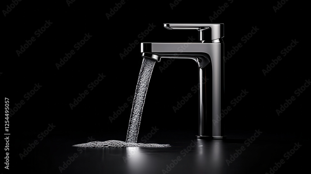 Poster high definition image of shiny chrome faucet with flowing water, showcasing modern design and elegan