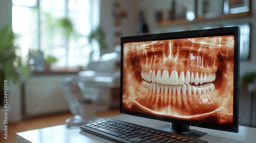 Poster dental imaging technology: a computer screen displaying a jaw x-ray in a modern clinic setting for o