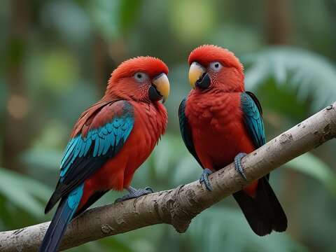A pair of lovebirds setting in the nature of colorful macaw parrot birds are perched on a tree.  