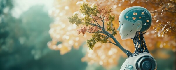 A futuristic humanoid robot stands beside a tree, showcasing a blend of technology and nature in a serene environment.