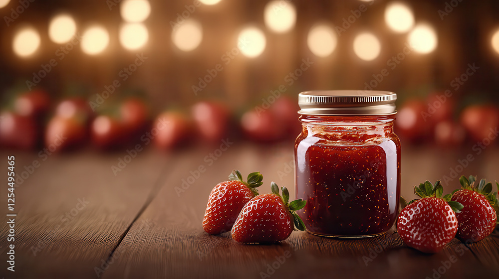 Poster glass jar filled with strawberry jam sits on wooden table, surrounded by fresh strawberries. background features soft, glowing lights, creating warm and inviting atmosphere