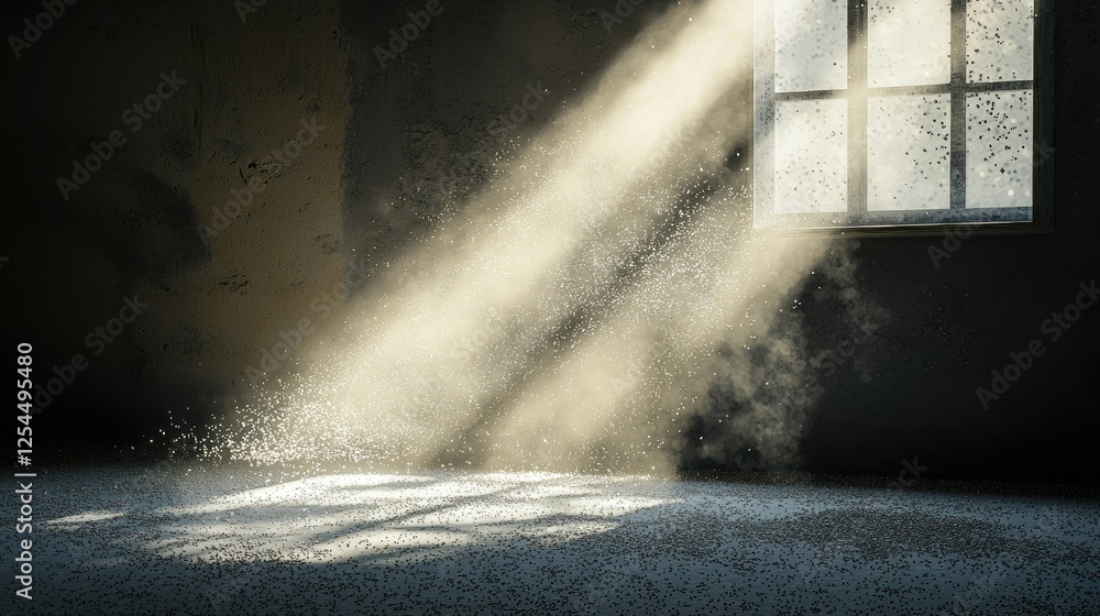 Poster light beams streaming through dusty room window in atmospheric setting