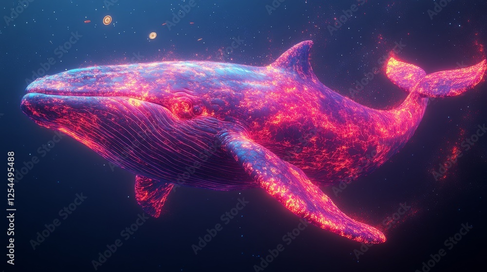 Aufkleber Glowing Celestial Whale: An Astral Journey Through the Deep, Featuring Bioluminescent Patterns and Cosmic Starfields in Dark Blue Sea.