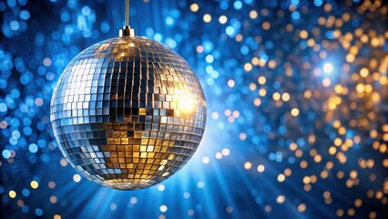Sparkling silver mirror ball suspended from ceiling with blue and gold reflections creating a mesmerizing disco light show , sparkling, reflections