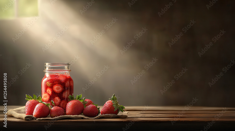 Poster fresh strawberries in glass jar, illuminated by soft light, create warm and inviting atmosphere. rus
