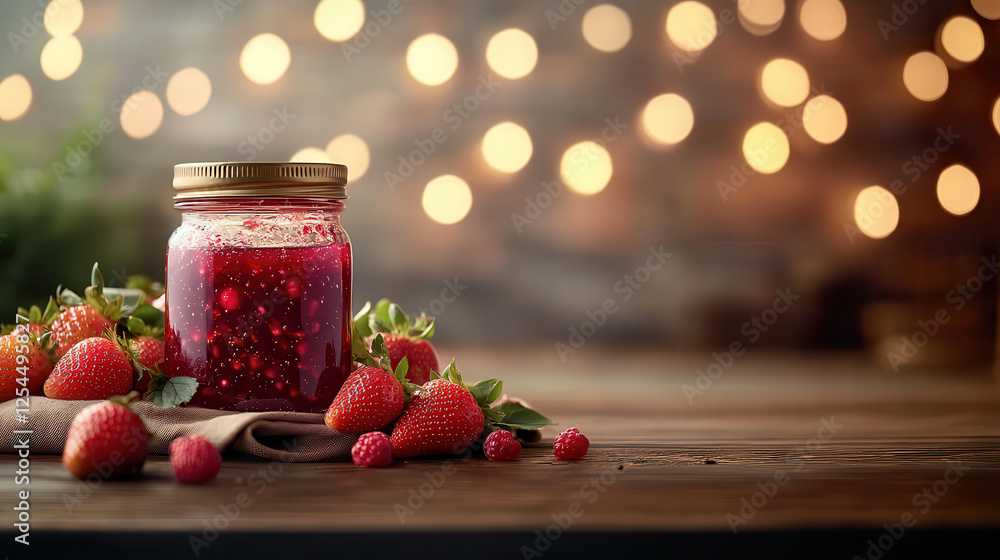 Aufkleber glass jar filled with raspberry jam sits on wooden table, surrounded by fresh strawberries and green