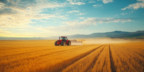 Fototapeta premium Tractor harvesting wheat in scenic field rural landscape agricultural action golden hour wide viewpoint farming efficiency