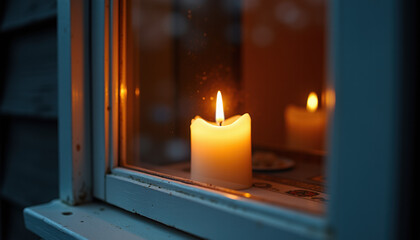 Single Holiday Candle Reflecting in Window Pane