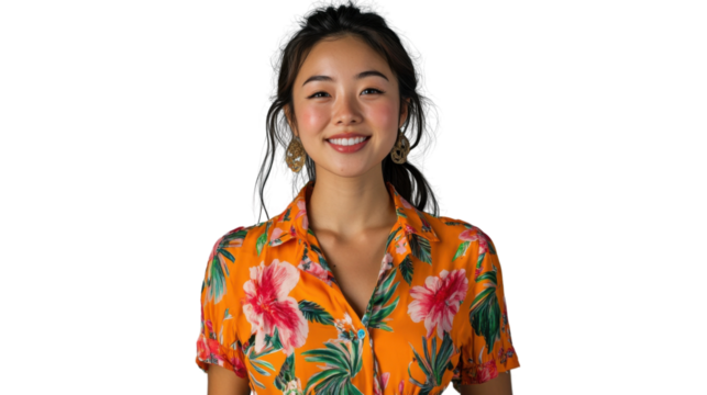 Young asian woman smiling wearing orange floral shirt on transparent background