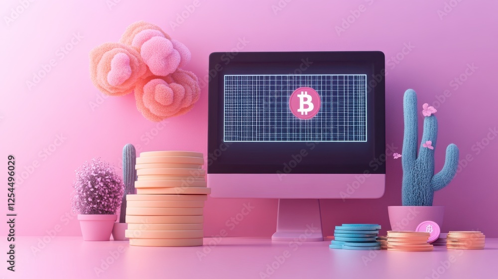 Poster a colorful workspace featuring a computer displaying a bitcoin symbol, surrounded by decorative item