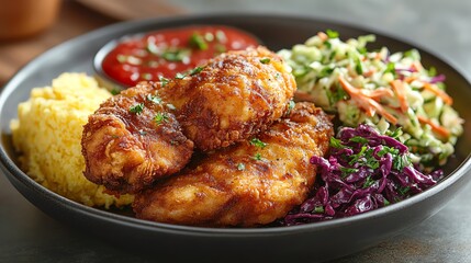 Fototapeta premium A vibrant plate of crispy fried chicken served with a side of flavorful coleslaw, creamy salsa, and fluffy yellow rice, showcasing a perfect meal for gatherings and family dinners.