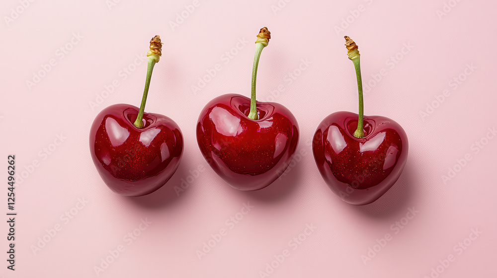 Aufkleber Fresh dark red cherries arranged on pink background, showcasing their glossy texture and heart like shape, perfect for adding touch of sweetness to any design