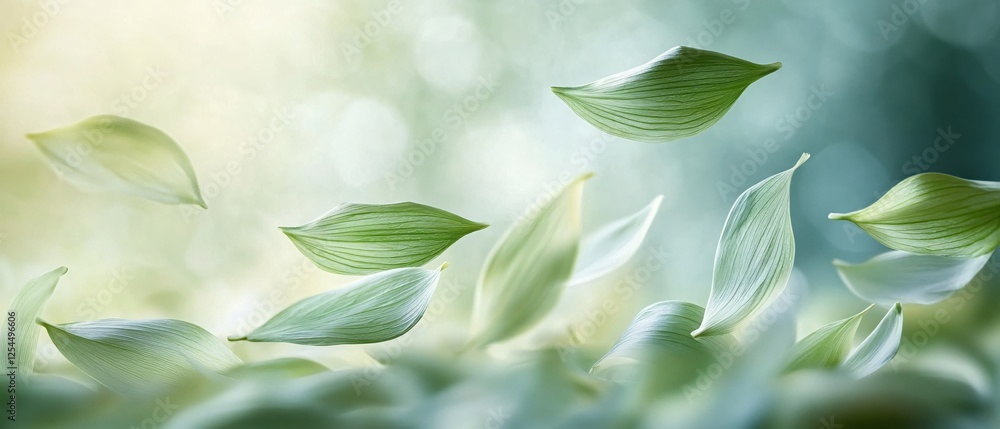 Poster floating green leaves on soft light background creating a serene and peaceful abstract scene