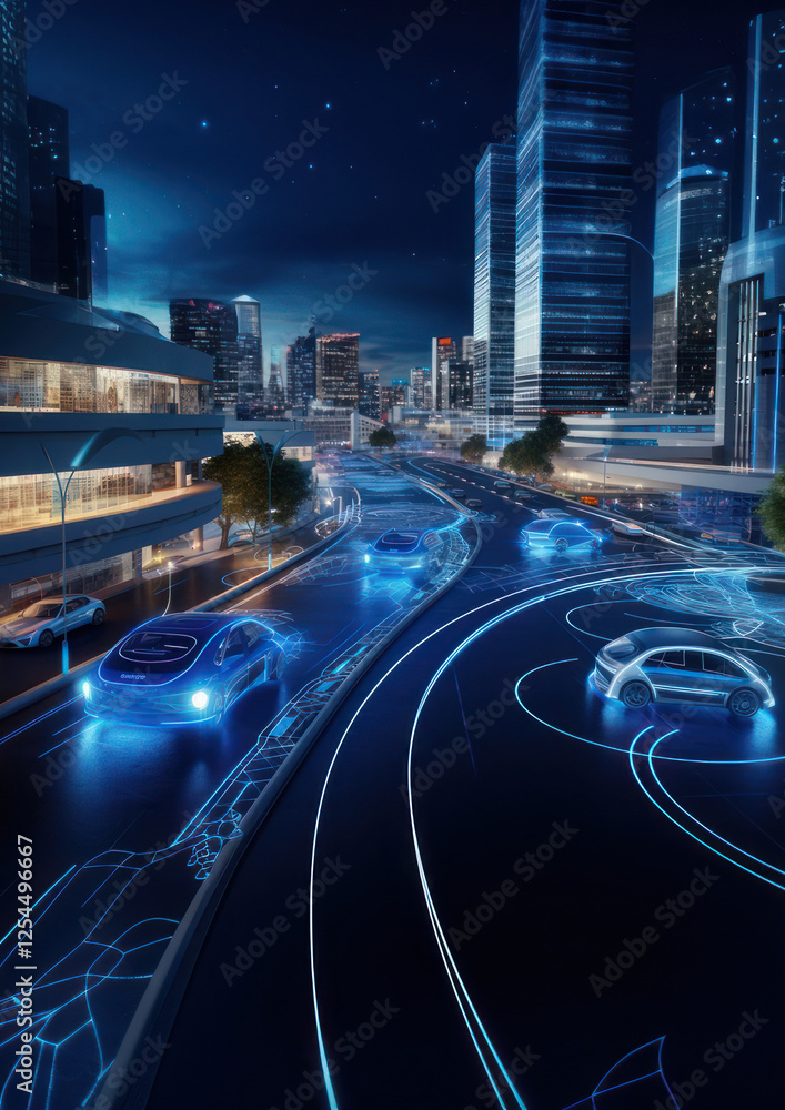 Poster 3d render of an autonomous vehicle navigating a cityscape.