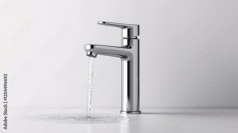 Poster sleek chrome faucet with flowing water, perfect for modern bathrooms. this high quality fixture adds