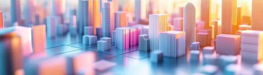 A vibrant city skyline with colorful buildings and a dreamy atmosphere, illuminated by soft light, creating a futuristic urban landscape.