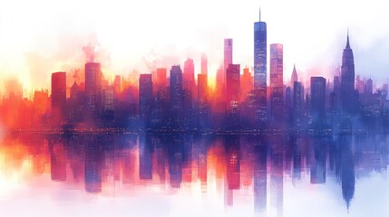 Fototapeta premium Vibrant watercolor cityscape skyline reflecting on water at sunrise/sunset.