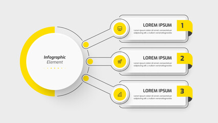 Business Central Circle Infographic Template with Yellow Color, 3 Options, Line and Icon. Suitable for Presentations, Process Diagram, Workflow