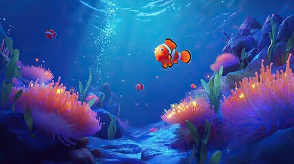 Vibrant Underwater Scene with Colorful Coral and Clownfish