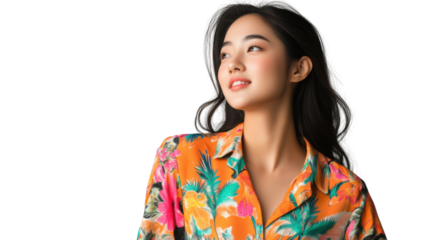 Smiling young asian woman wearing colorful shirt looking up on transparent background