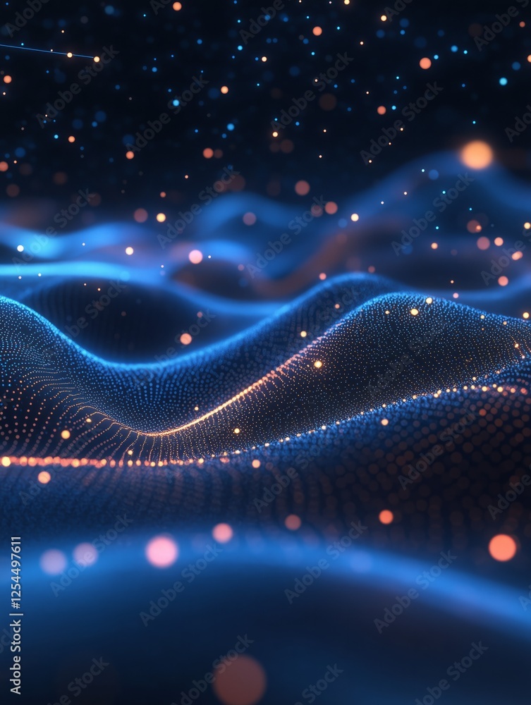 Poster abstract blue digital landscape with flowing particles and bokeh effect