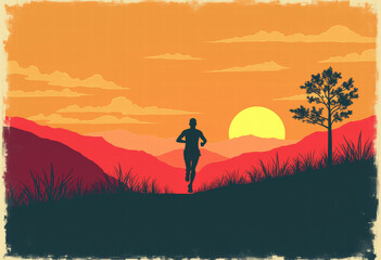 Runner Silhouette at Sunset with Tree and Hills