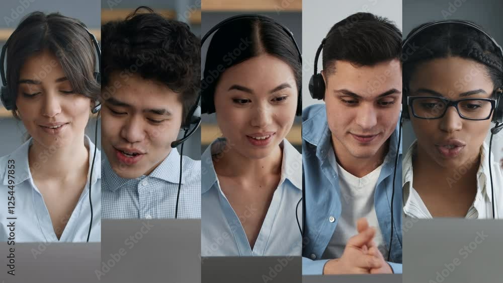 Poster a diverse team of young adults collaborates online, each wearing headsets and focused on their lapto