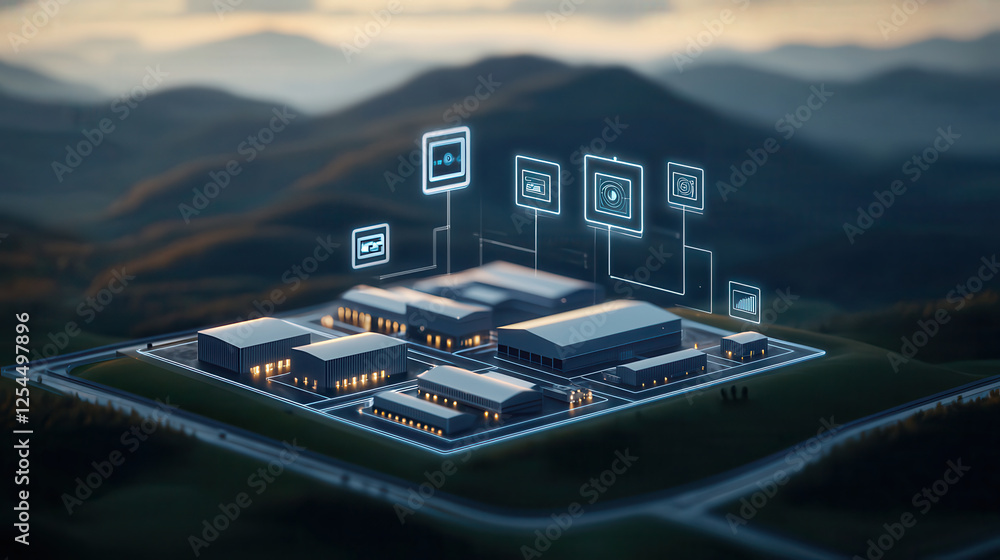 Poster high tech industrial complex surrounded by mountains, featuring illuminated buildings and digital ic