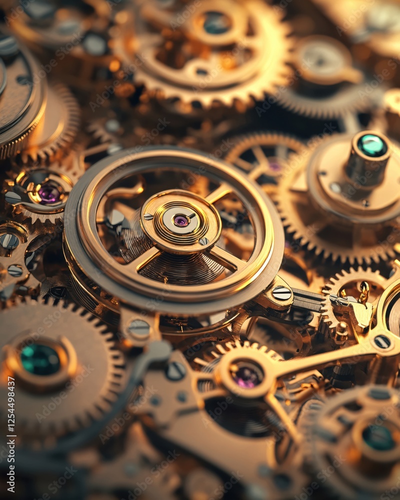 Poster golden gears and intricate mechanism of a clockwork with a shallow depth of field