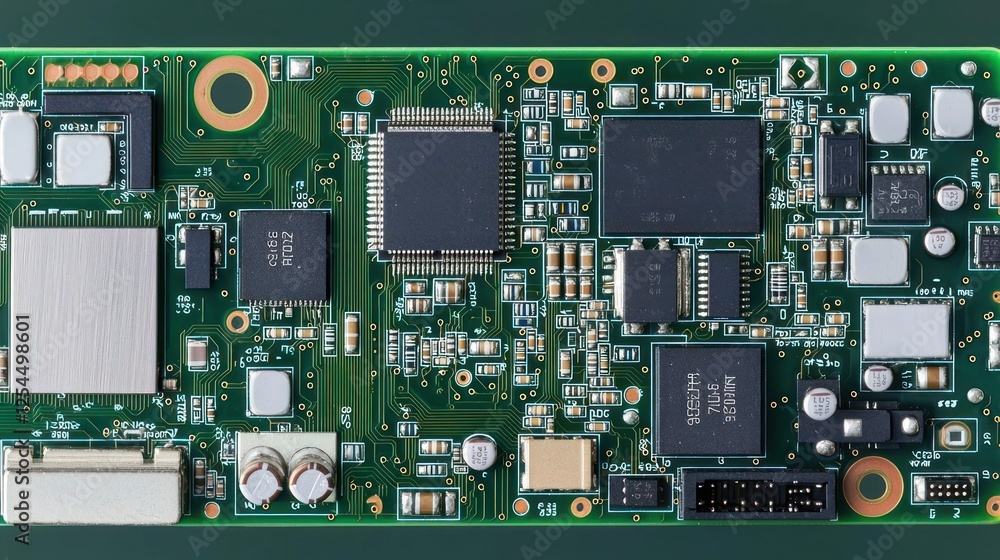 Poster closeup view of green circuit board with components