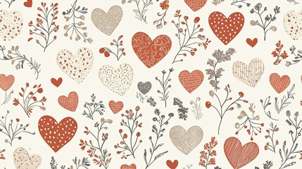 Romantic Floral Pattern with Hearts and Delicate Leaf Designs
