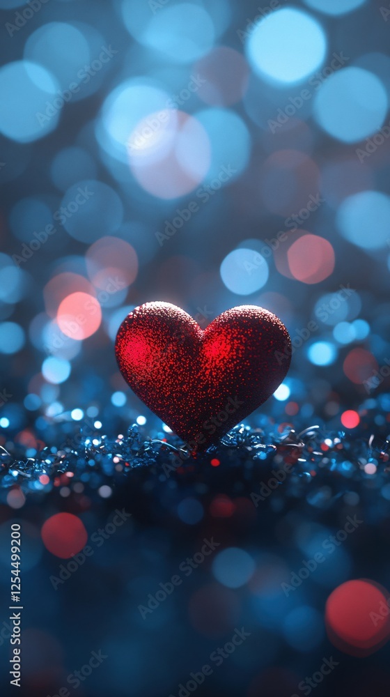 Poster red heart on blue bokeh background with sparkling texture and soft light for romantic concept