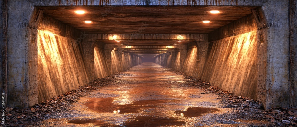 Poster illuminated concrete tunnel with water puddles and debris creating a moody and dramatic scene