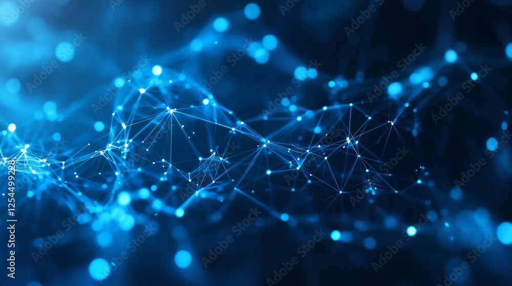 Poster network of lines and dots forming an abstract digital wave on blue background