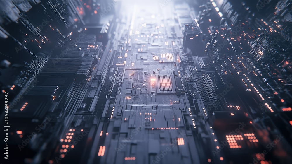 Poster abstract futuristic circuit board with glowing lights and depth